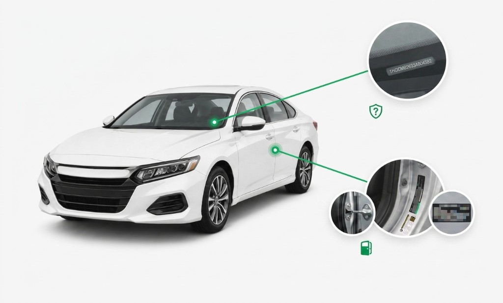 Where to find VIN on a vehicle — dashboard and driver door frame